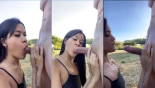Mamada amateur con una morena deleitando al aire libre