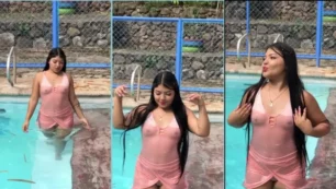 ¡Nayeli Durango, maravilloso con todo el vestido rosa transparente en la piscina