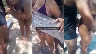 Gordita divirtiéndose con una polla en la playa